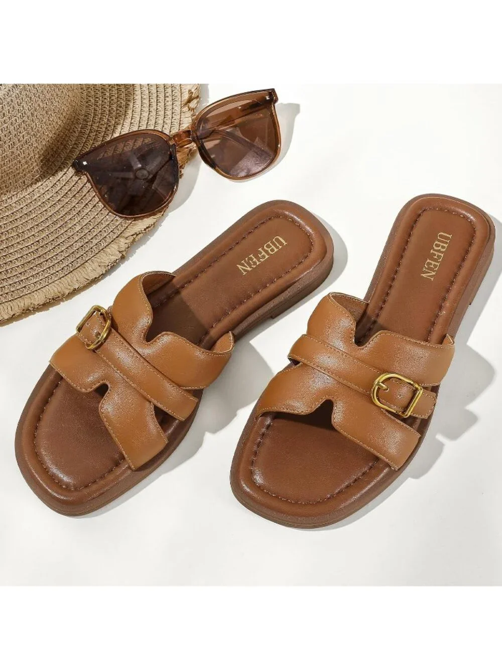 Women's Light Brown Square Toe Flat Sandals Slides Dressy Comfortable for Beach